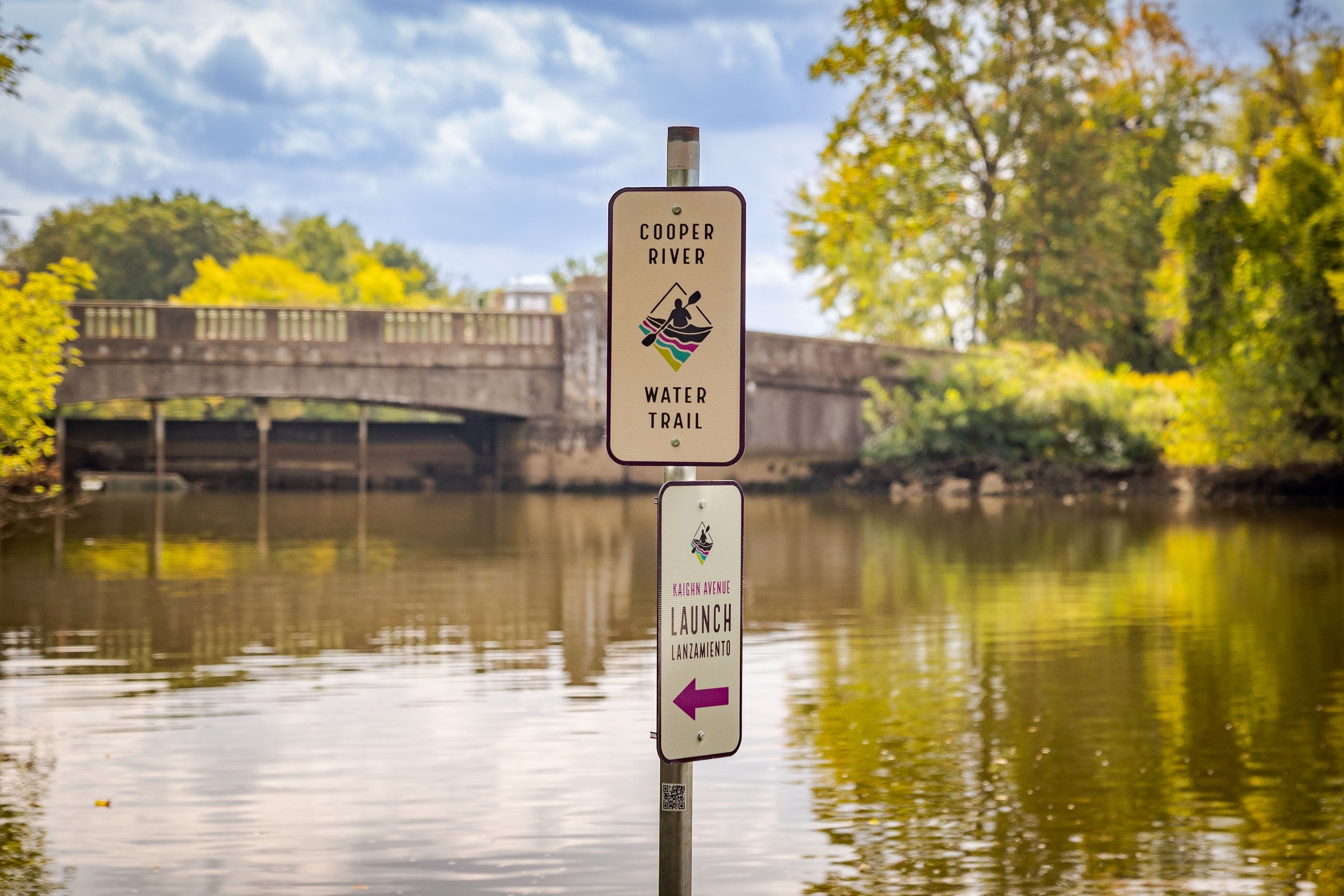 Cooper River Water Trail sign at a river launch