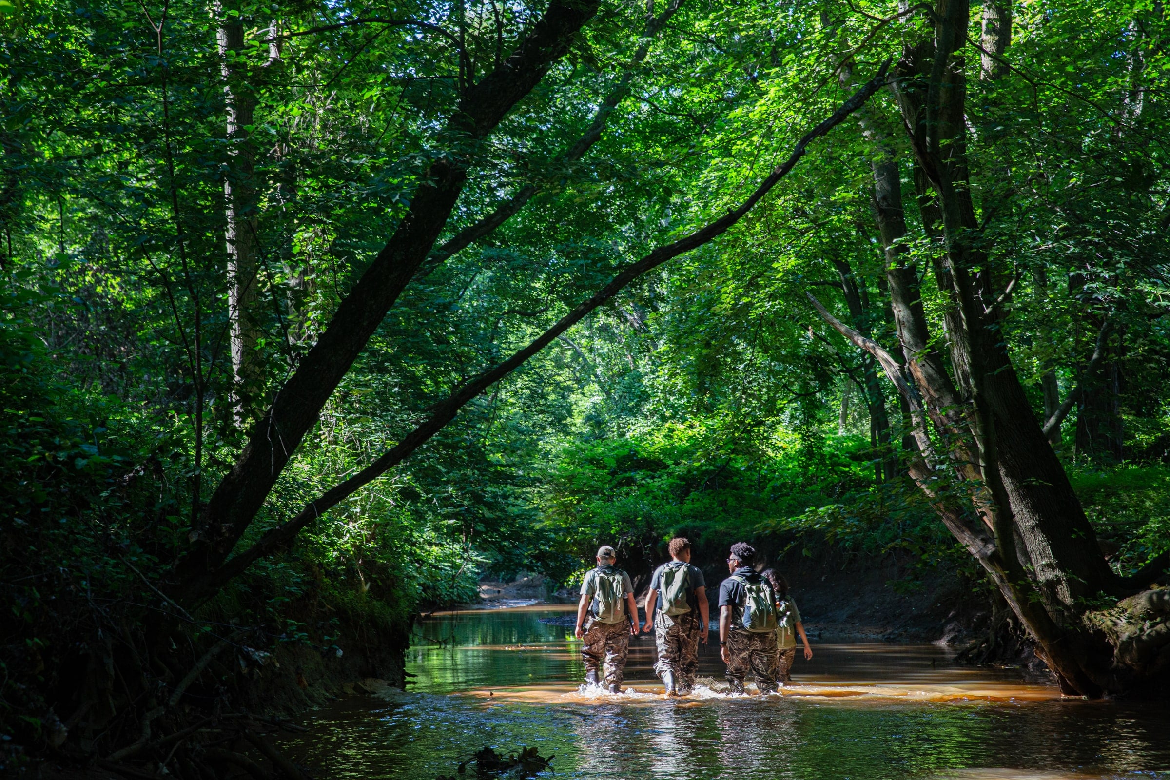 Young people wading a shaded creek in Camden County